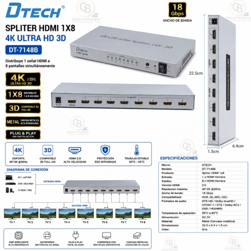 SPLITER HDMI 1X8 METAL D TECH DT-7148B