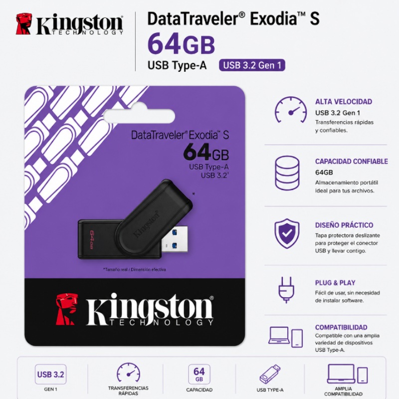 MEMORIA USB 3.2 64GB DATATRAVELER EXODIA S KINGSTON DTXS/64GB
