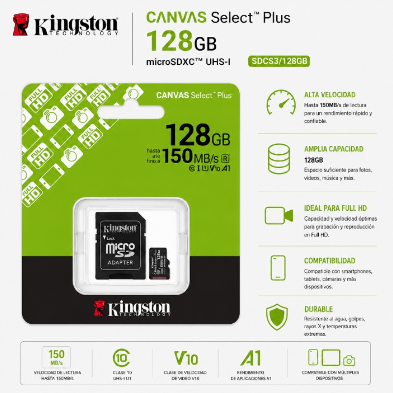 MEMORIA MICRO SD C10 CANVAS SELECT PLUS 150 MB/S KINGSTON SDCS3/128GB