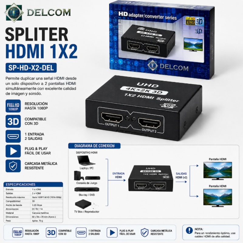 SPLITER HDMI 1X2 DELCOM SP-HD-X2-DEL