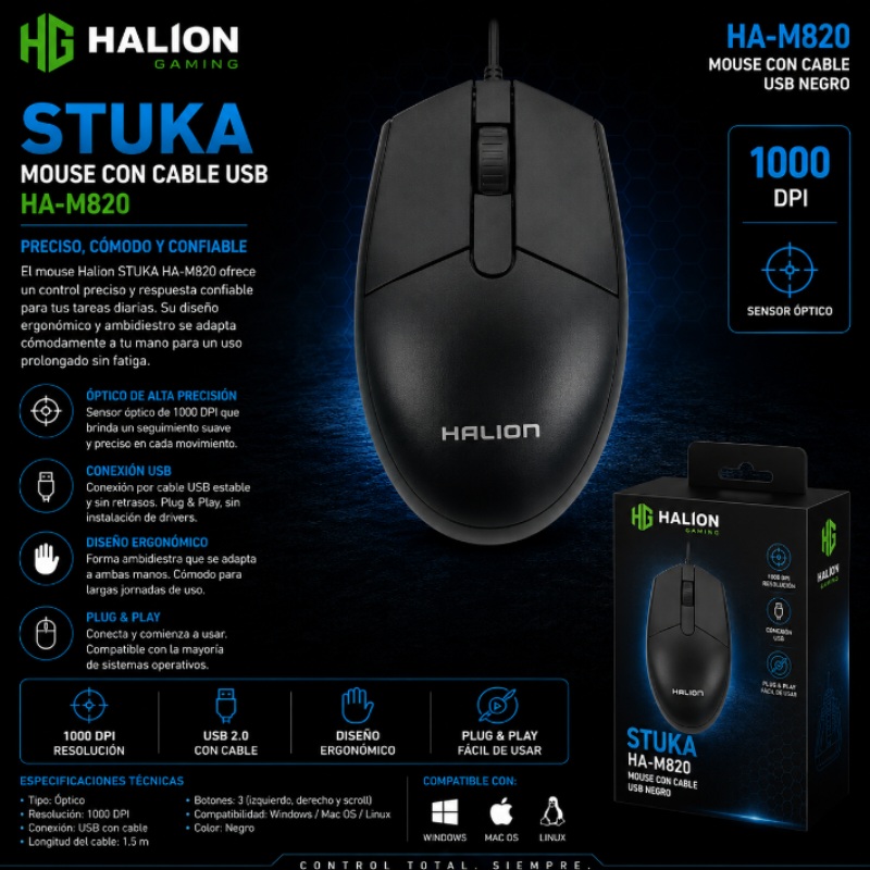 MOUSE CON CABLE USB NEGRO STUKA HALION HA-M820