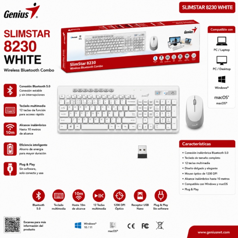 COMBO TECLADO + MOUSE GENIUS SLIMSTAR 8230 WIRELESS/BLUETOOTH WHITE
