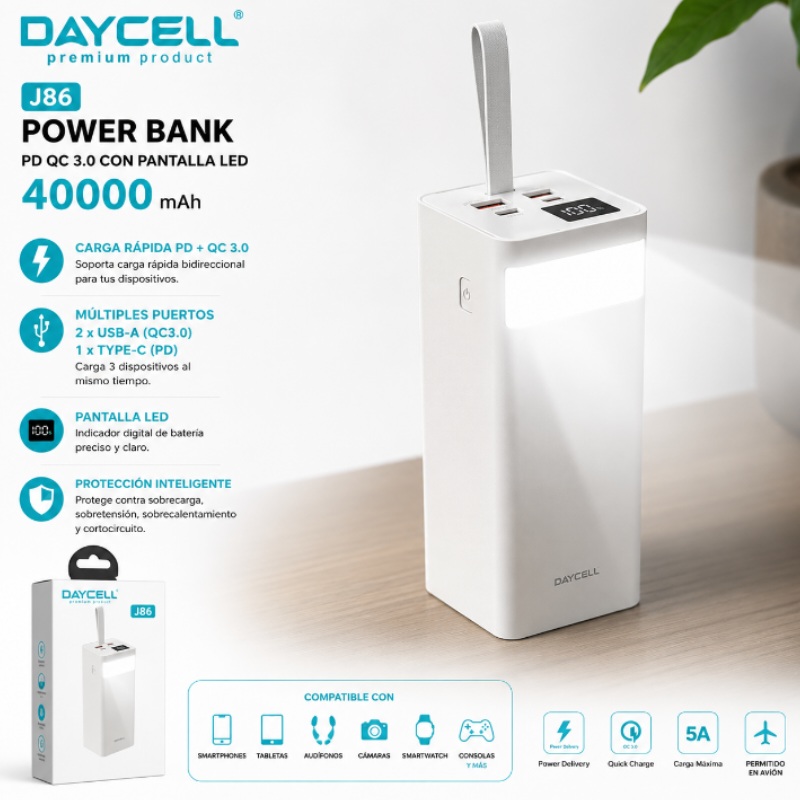 POWER BANK PD QC 3.0 CON PANTALLA LED 40000 MAH DAYCELL J86