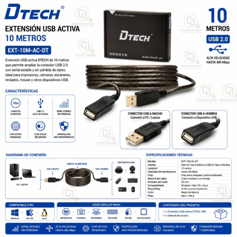 EXTENSION USB 10 MTS ACTIVO DTECH EXT-10M-AC-DT