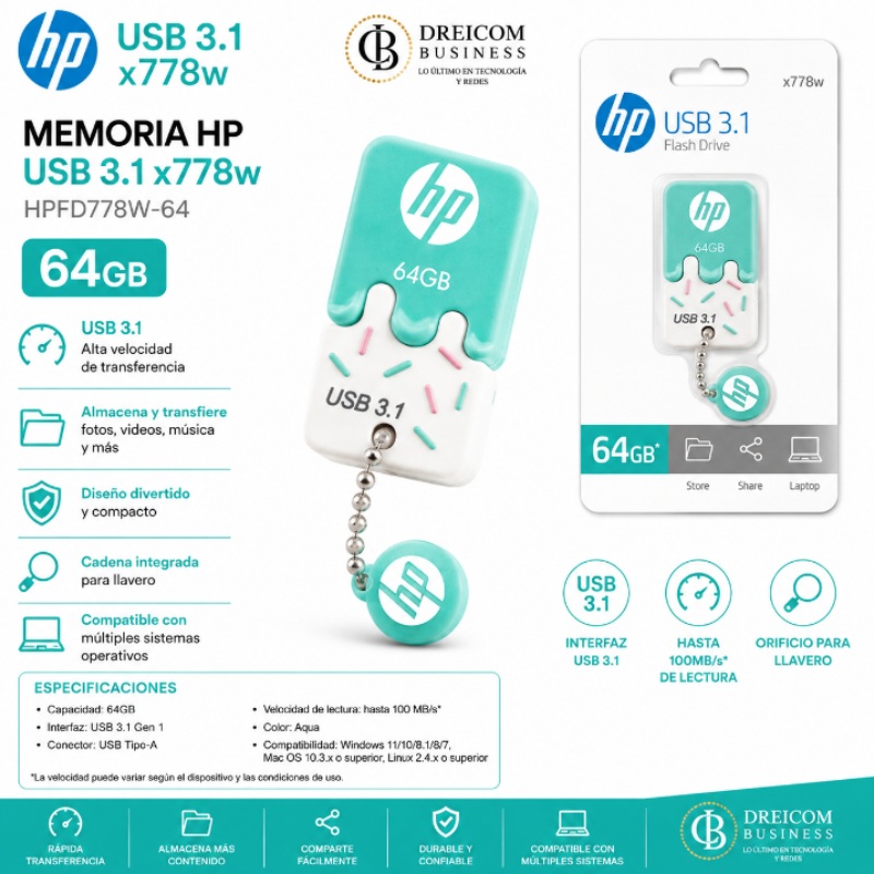 MEMORIA HP USB 3.1 X778W 64GB AQUA HPFD778W-64