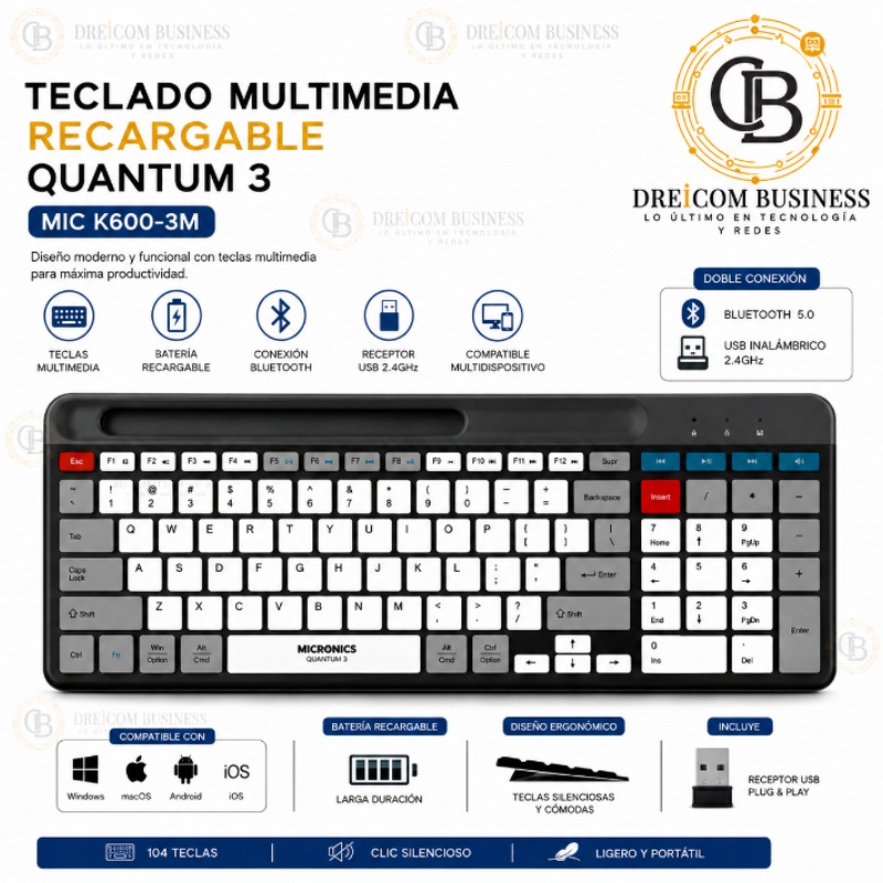 TECLADO MULTIMEDIA RECARGABLE QUANTUM 3 MICRONICS MIC K600-3M