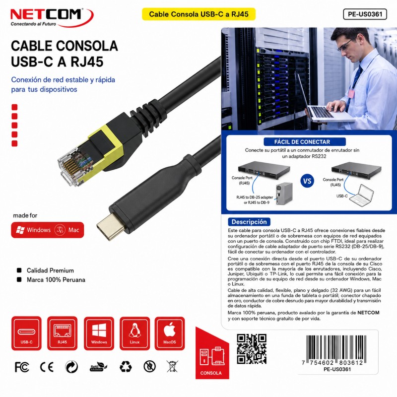 CABLE CONSOLA USB C A RJ45 NETCOM PE-US0361
