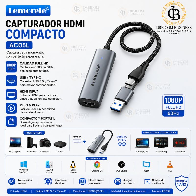 CAPTURADOR HDMI COMPACTO LEMORELE AC05L