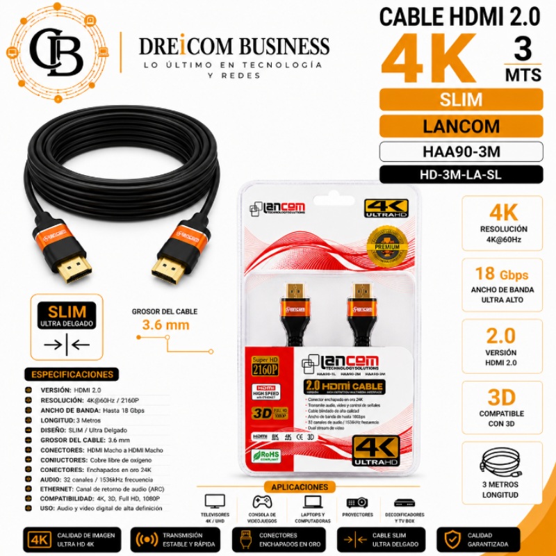 CABLE HDMI 2.0 4K 3 MTS SLIM LANCOM HAA90-3M HD-3M-LA-SL