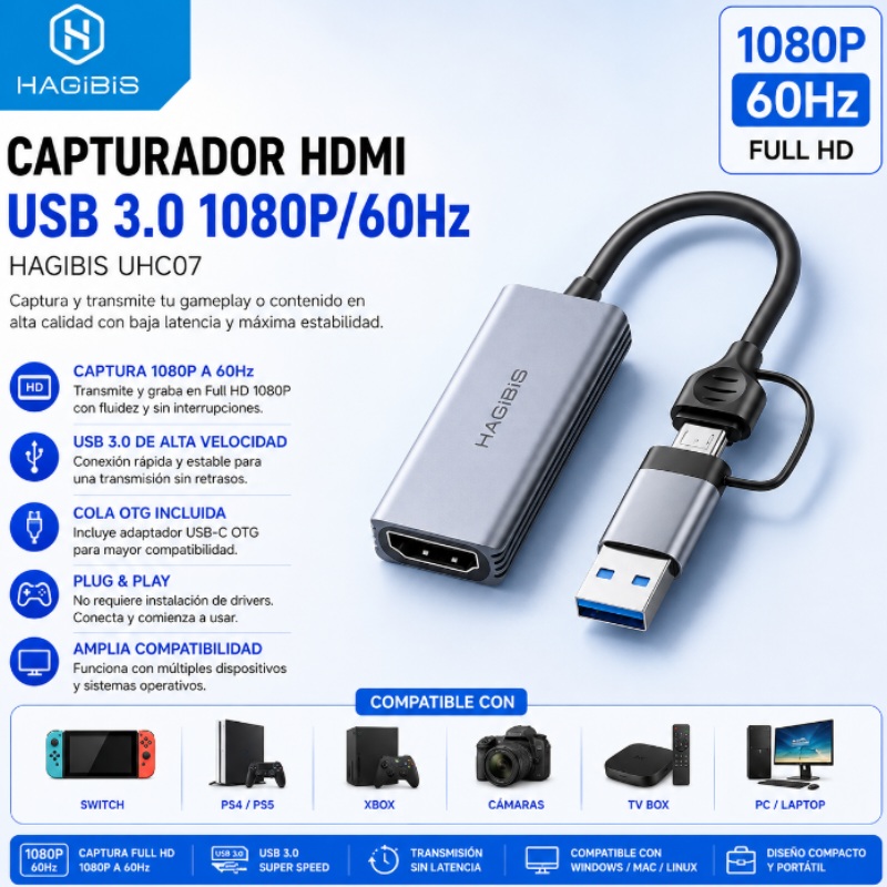 CAPTURDOR HDMI 1080P 60HZ USB 3.0 CON COLA OTG HAGIBIS UHC07