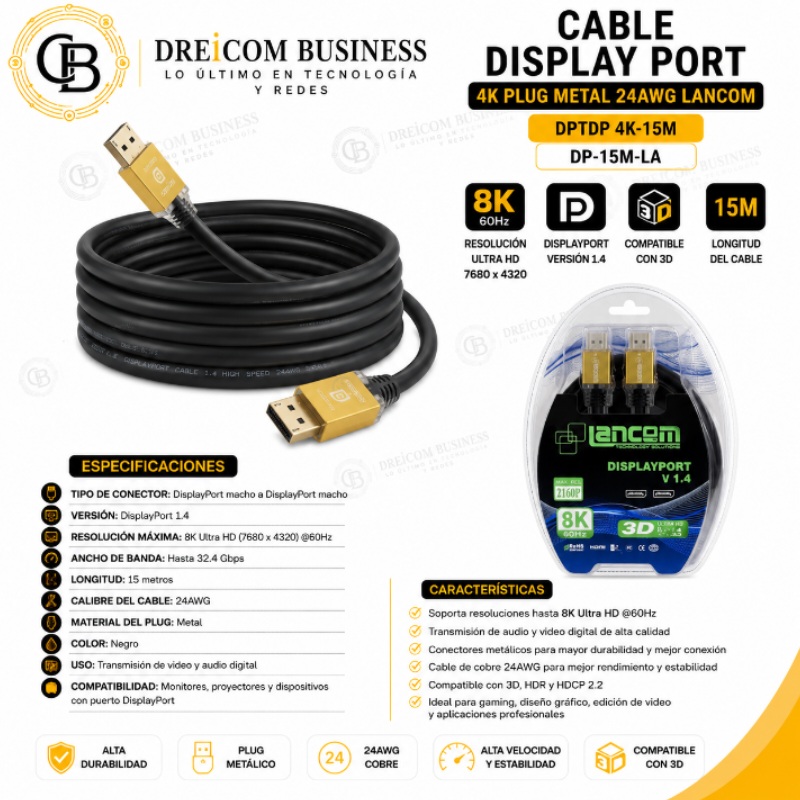 CABLE DISPLAY PORT 4K PLUG METAL 24AWG LANCOM DPTDP 4K-15M DP-15M-LA