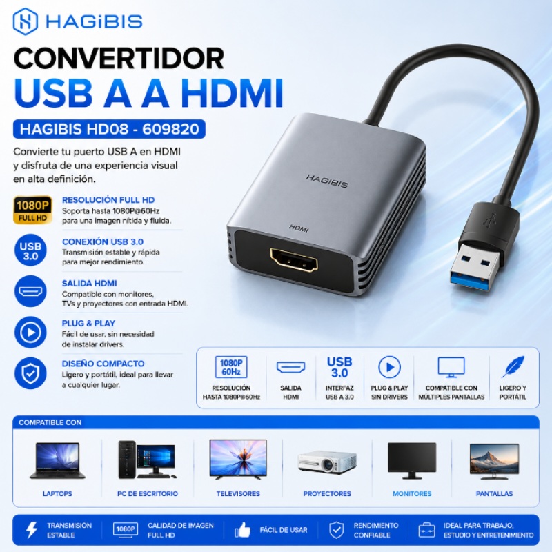 CONVERTIDOR USB A HDMI HAGIBIS 609820 - HD08
