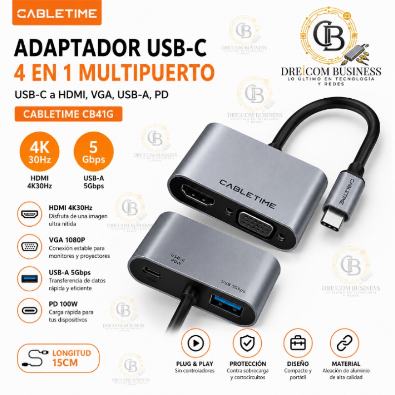 ADAPTADOR USB-C A HDMI, VGA, USB-A, PD CABLETIME CB41G