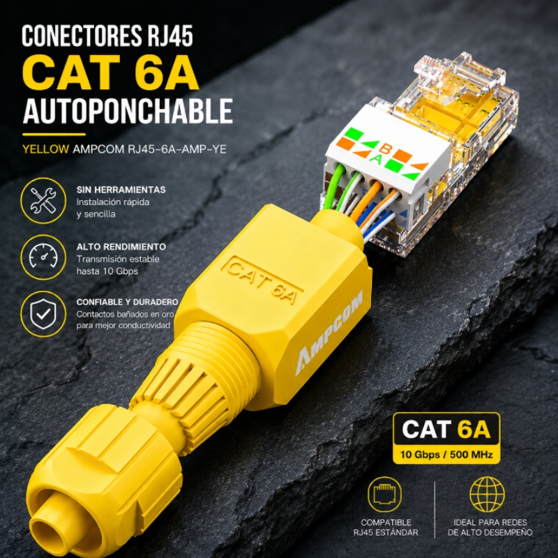 CONECTORES RJ45 CAT 6A YELLOW AMPCOM RJ45-6A-AMP-YE