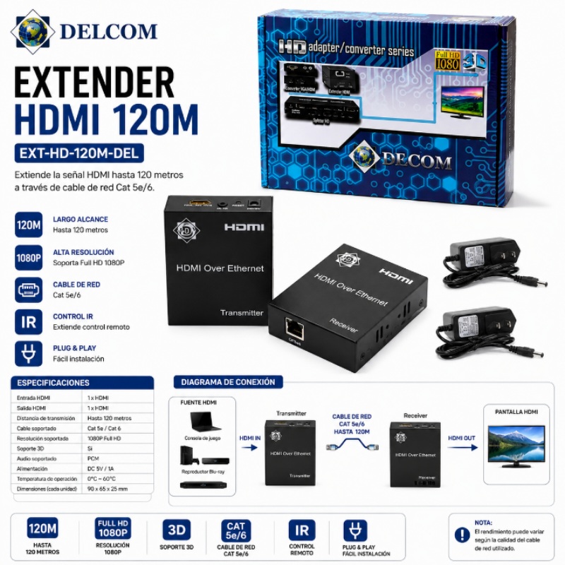 EXTENDER HDMI 120 MTRS DELCOM EXT-HD-120M-DEL