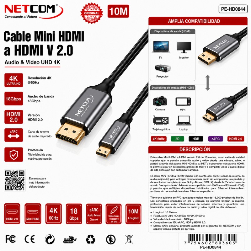 CABLE MINI HDMI A HDMI V 2.0 4K 10 M 60HZ NETCOM PE-HD0844 MINIHD-HD-10M-NET
