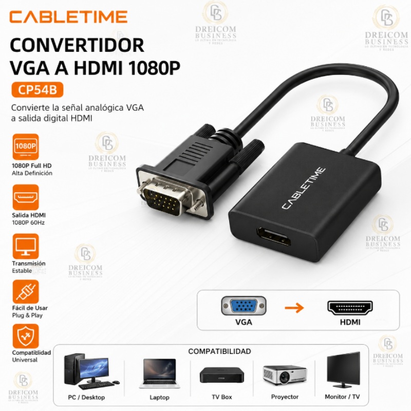 CONVERTIDOR VGA A HDMI 1080P CABLETIME CP54B