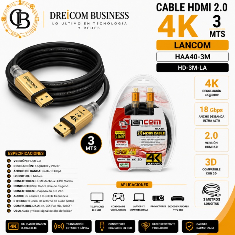 CABLE HDMI 2.0 4K 3 MTS LANCOM HA001-3M HD-3M-LA