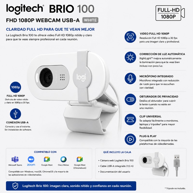 CAMARA LOGITECH BRIO 100 FHD 1080P USB-A WHITE