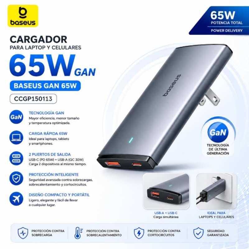 CARGADOR PARA LAPTOP Y CELULARES BASEUS GAN 65W CCGP150113