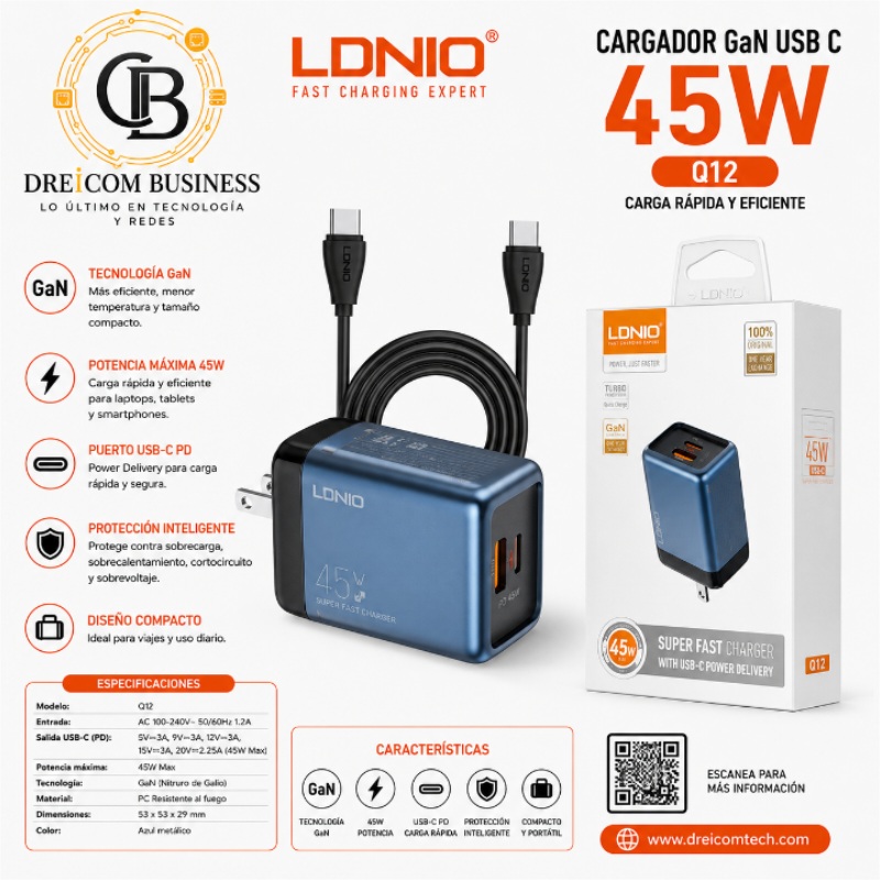 CARGADOR GAN USB C 45W LDNIO Q12