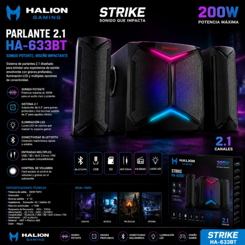 PARLANTE 2.1 STRIKE 200W HALION HA-633BT