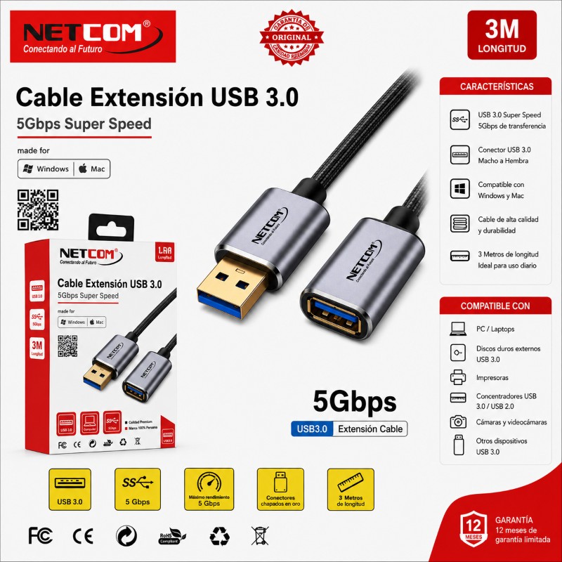 EXTENSION USB 3.0 3 MTS NETCOM PE-CA0093 EXT-3.0-3M-NET