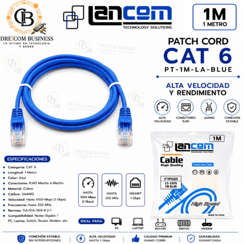 PATCH CORD CAT6 1MT AZUL PT-1M-LA-BL