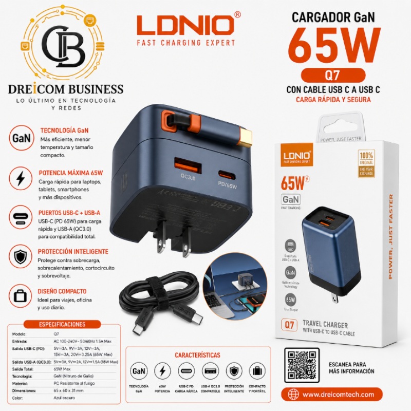 CARGADOR GAN 65W CABLE C A C LDNIO Q7