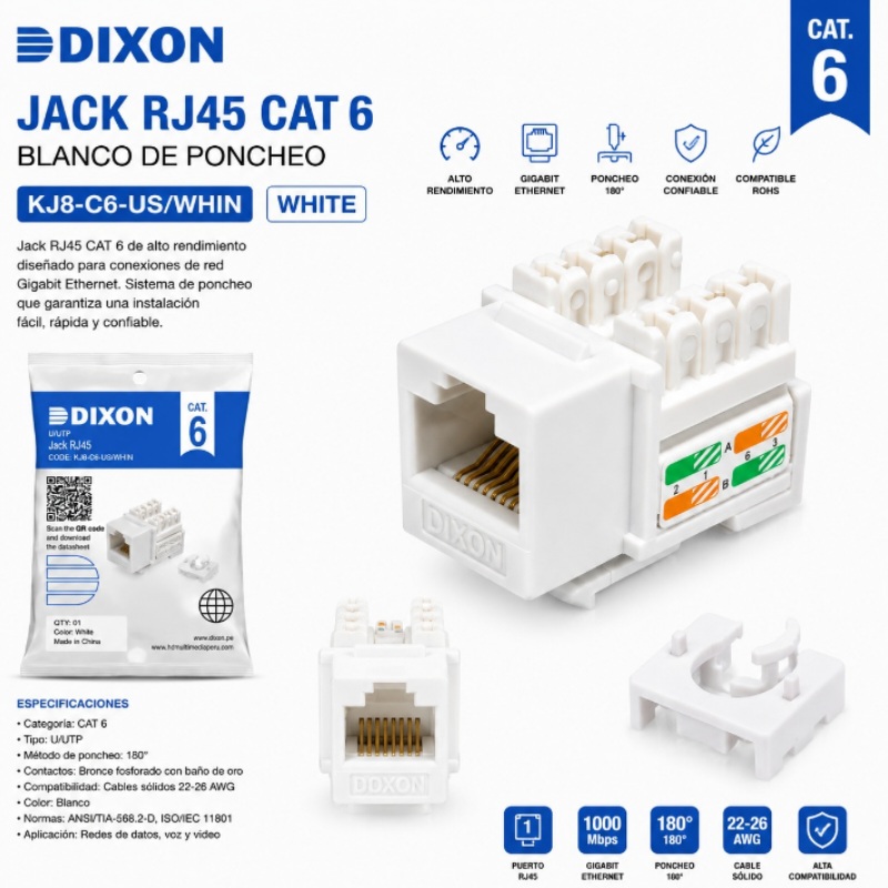 JACK RJ45 CAT 6 BLANCO DE PONCHEO DIXON KJ8-C6-US/WHIN