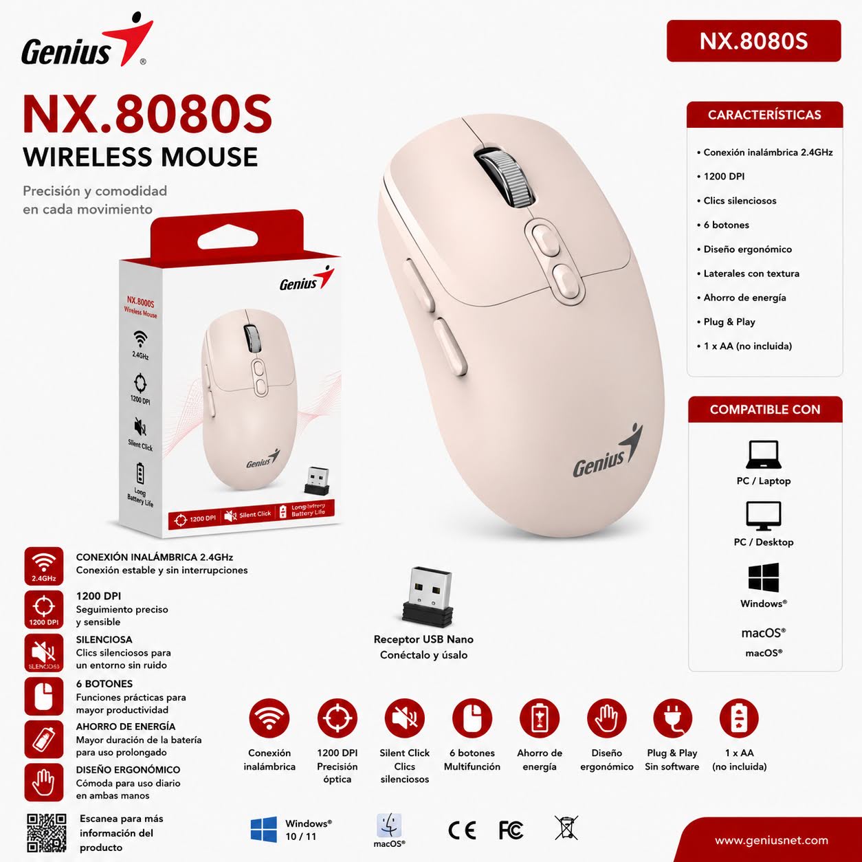 MOUSE DUAL WIRELESS/BLUETOOTH SILENT 7BOT MILK GENIUS NX.8080SPI