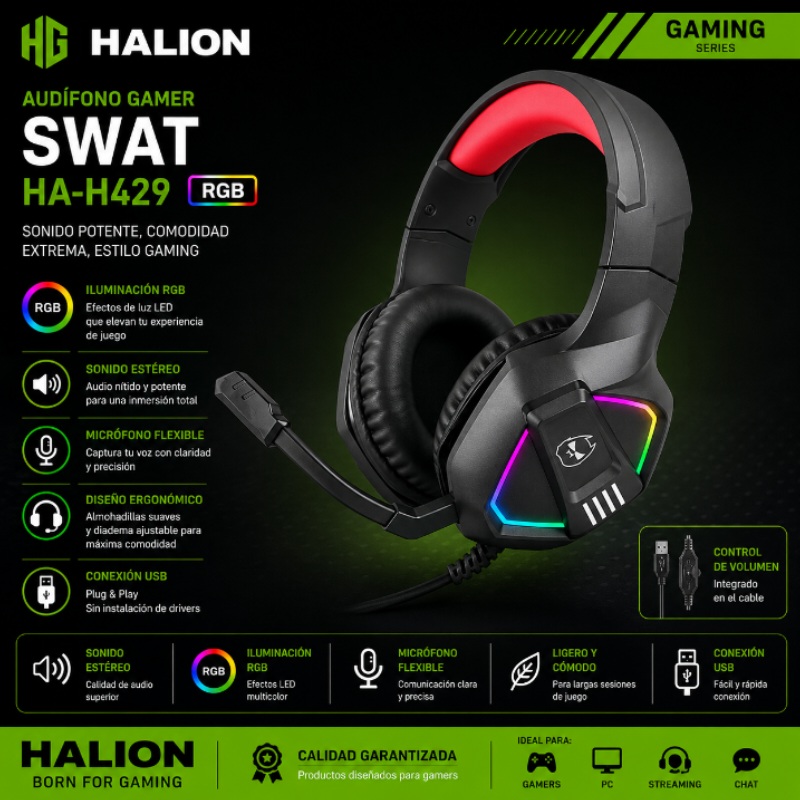 AUDIFONO GAMER HALION HA-H429 SWAT RGB