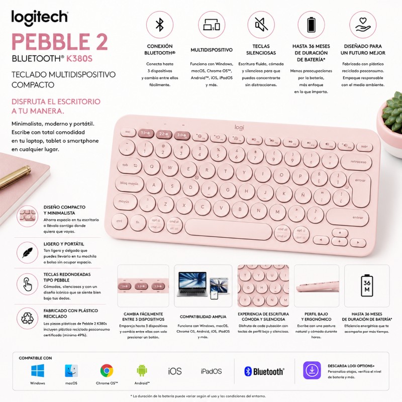 TECLADO PEBBLE 2 BLUETOOTH ROSE LOGITECH K380S