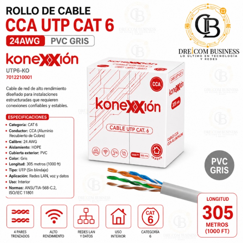ROLLO DE CABLE CCA UTP CAT 6 24AWG PVC GRIS KONEXXION 305M UTP6-KO 7012210001