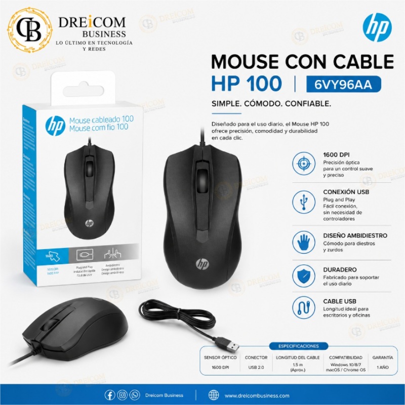 MOUSE CON CABLE 1600 DPI WIRED HP 100 6VY96AA