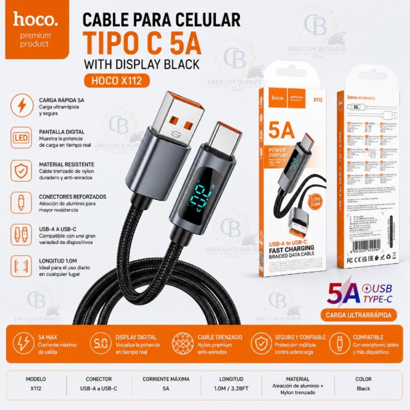 CABLE PARA CELULAR TIPO C 5A WITH DISPLAY BLACK HOCO X112