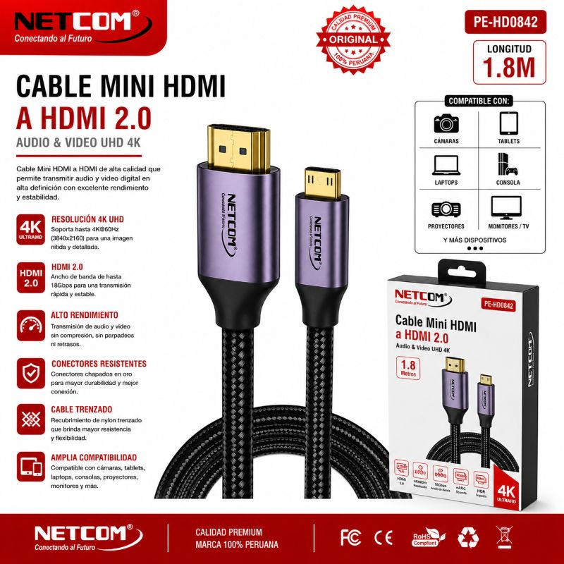 CABLE MINI HDMI A HDMI 4K 2.0 1.8M NETCOM PE-HD0842