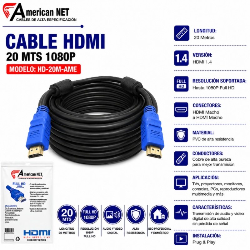 CABLE HDMI 20 MTS 1080P AMERICANT NET HD-20M-AME