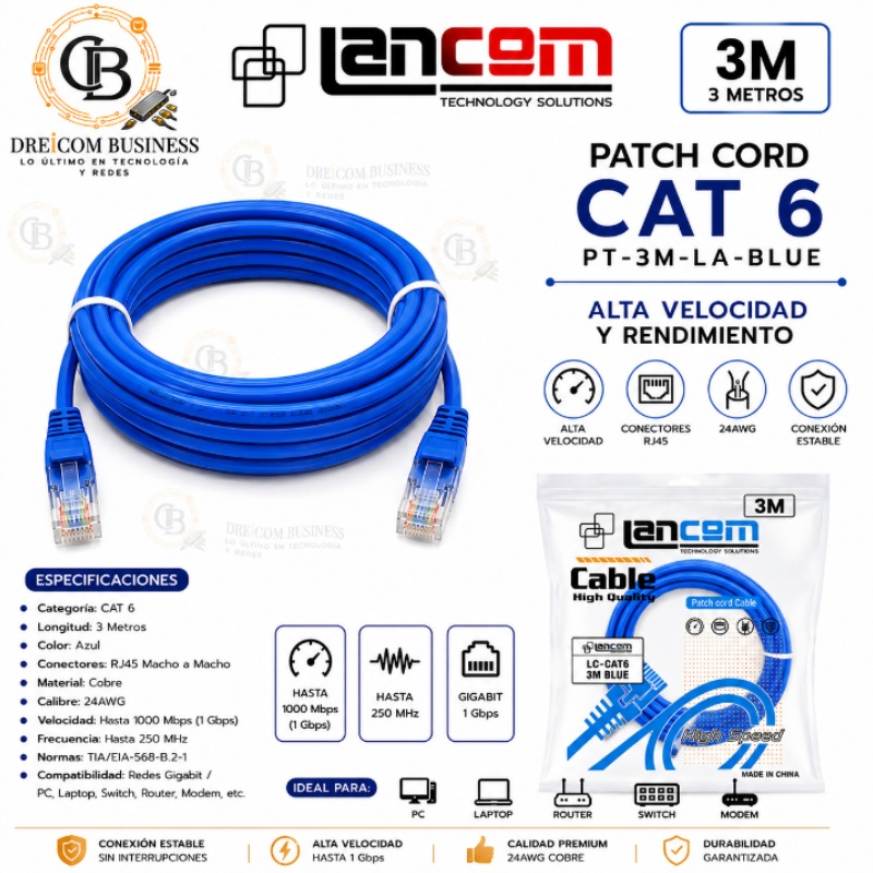 PATCH CORD CAT6 3MTS AZUL PT-3M-LA-BL