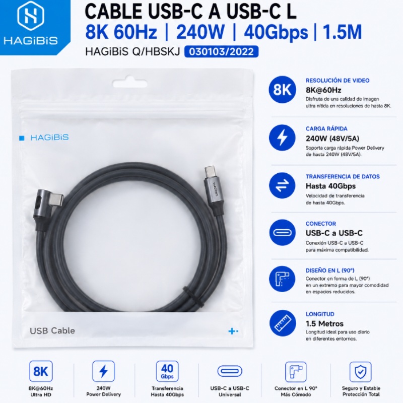 CABLE TIPO C A TIPO C L 8K 60HZ 240W 1.5M HAGIBIS Q/HBSKJ 030103/2022