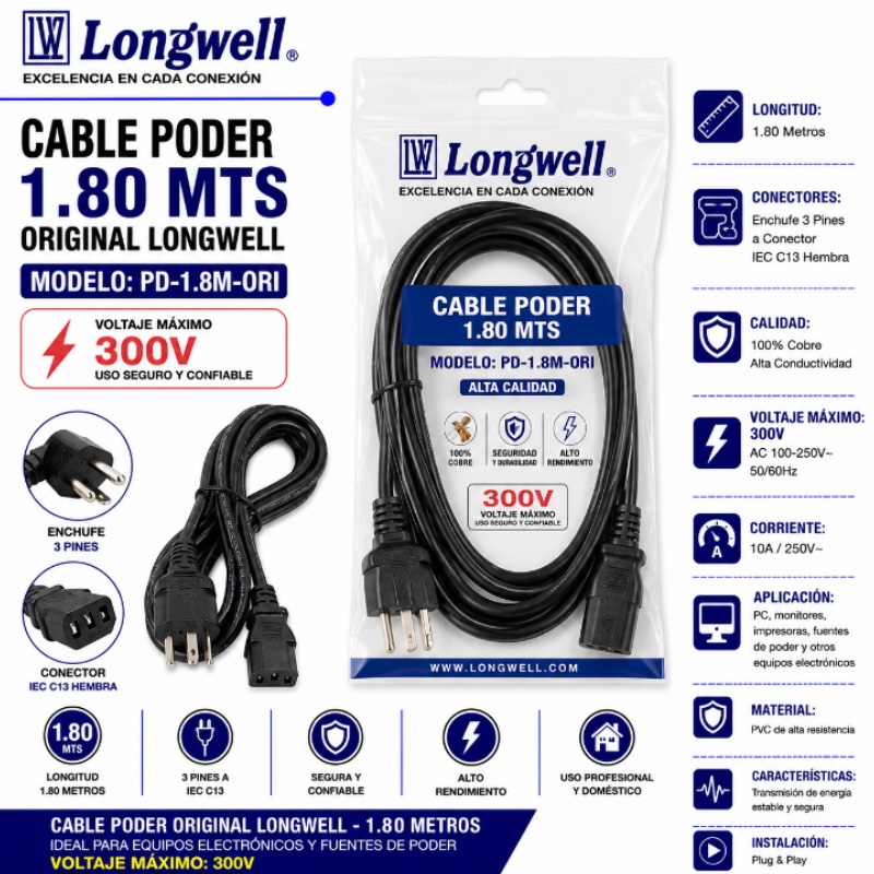 CABLE PODER 1.80 MTS ORIGINAL LONGWELL PD-1.8M-ORI