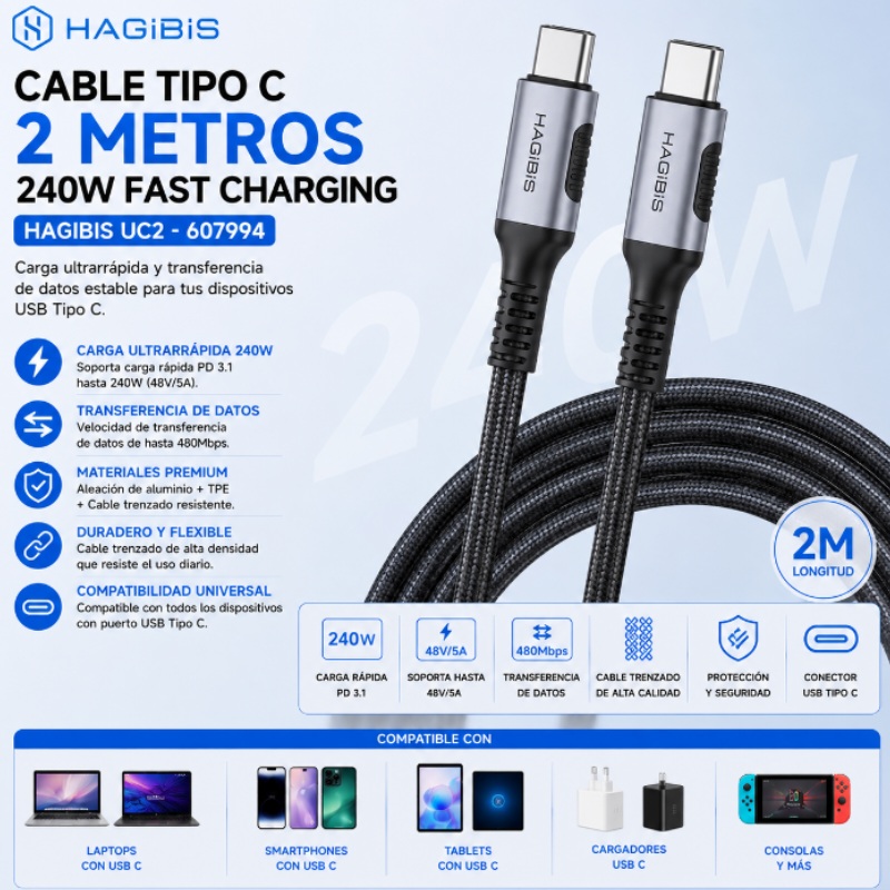 CABLE TIPO C 2 MTS 240W FAST CHARGING HAGIBIS UC2 607994