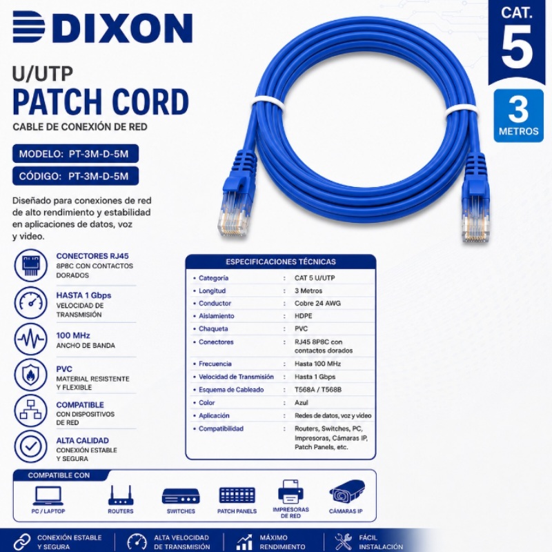 PATCH CORD DIXON 3M CAT5 PT-3M-D-CAT5