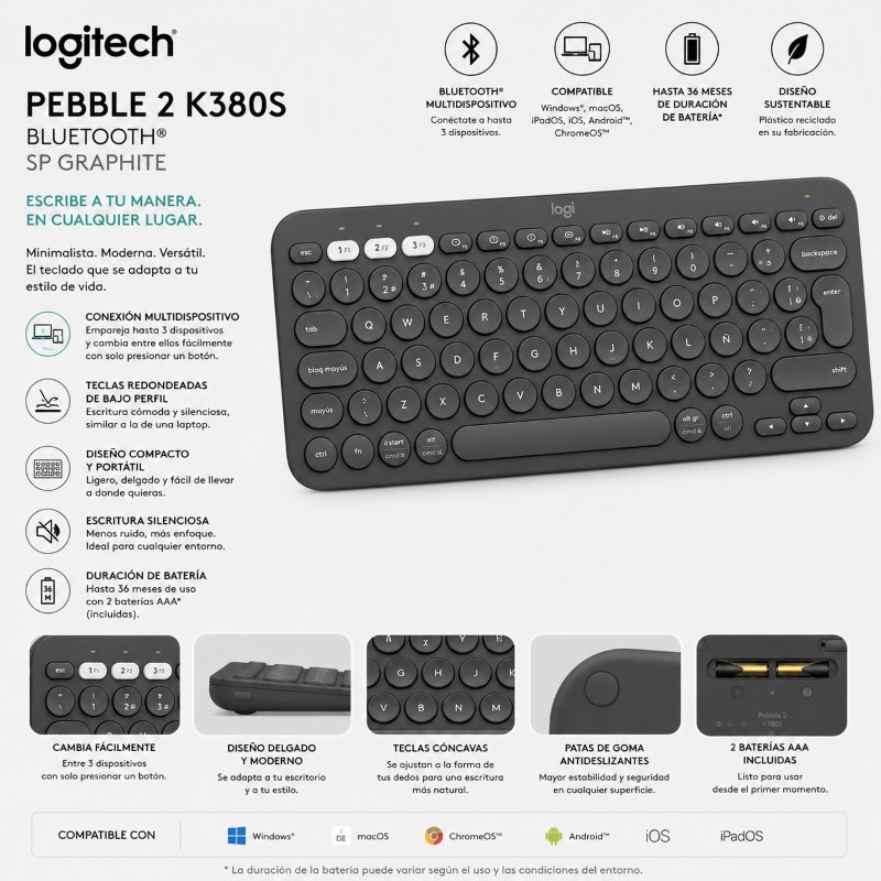 TECLADO LOGITECH PEBBLE 2 K380S BLUETOOTH SP GRAPHITE
