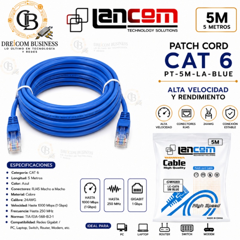 PATCH CORD LANCOM CAT6 5MTS AZUL PT-5M-LA-BL