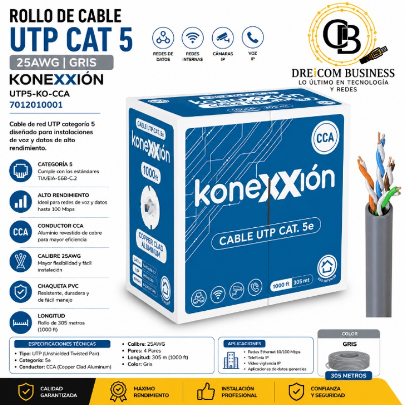 ROLLO DE CABLE UTP CAT 5 25AWG GRIS KONEXXION UTP5-KO-CCA 7012010001