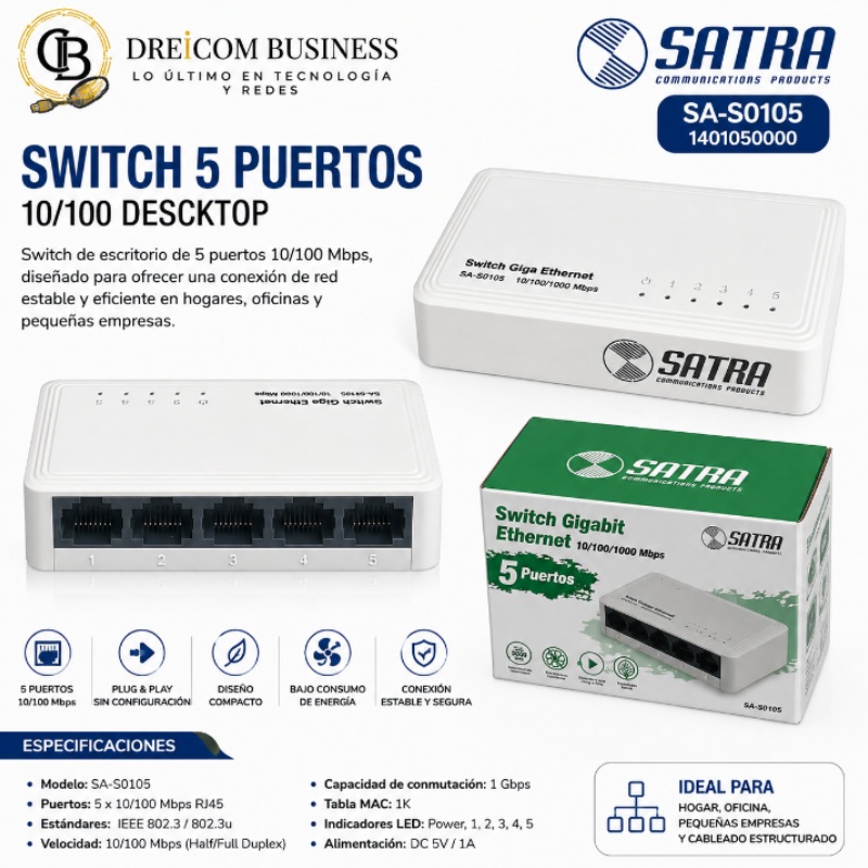 SWITCH 5 PUERTOS 10/100 DESCKTOP SATRA SA-S0105 1401050000