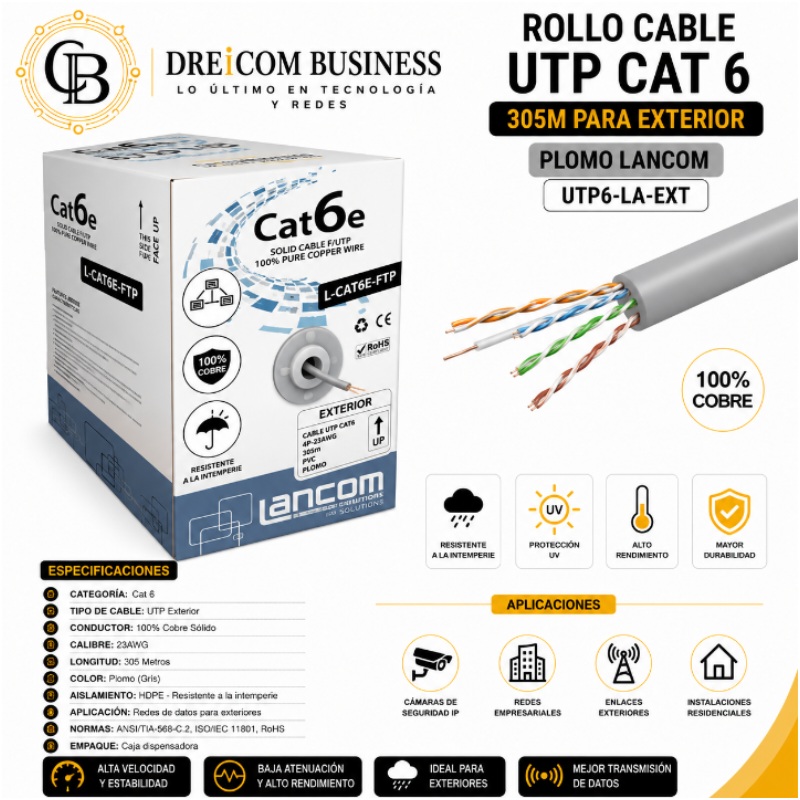 ROLLO CABLE UTP CAT 6 305M PARA EXTERIOR BLACK LANCOM UTP6-LA-EXT