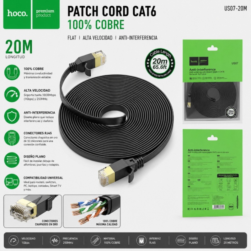 PATCH CORD CAT6 100% COBRE 20M FLAT HOCO US07-20M