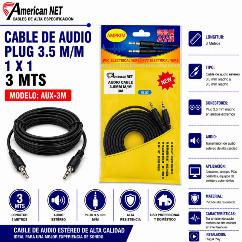 CABLE DE AUDIO PLUG 3.5 M/M 3 MTS 1 X 1 AMERICANT AUX-3M
